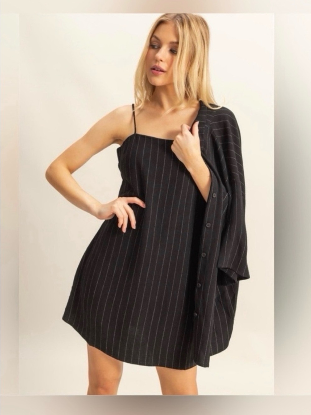 HYFVE Black Pinstripe Mini Dress with Matching Button Shirt